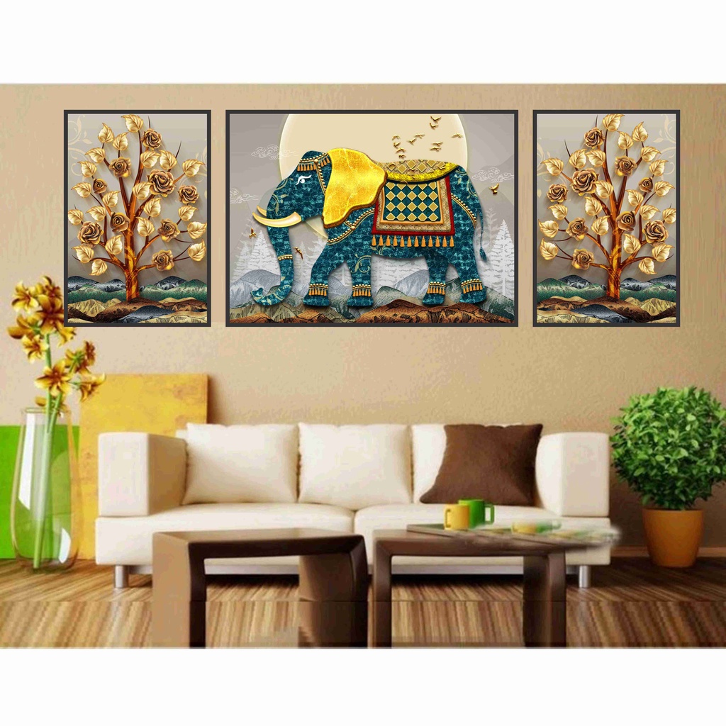 Set 3 tranh Decor trang trí tường về Cây Kim Tiền, Hươu tài lộc đep miễn chê