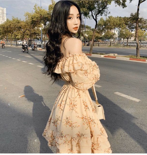 SẴN HÀNG -Đầm voan hoa nhí trễ vai- Full 3 màu