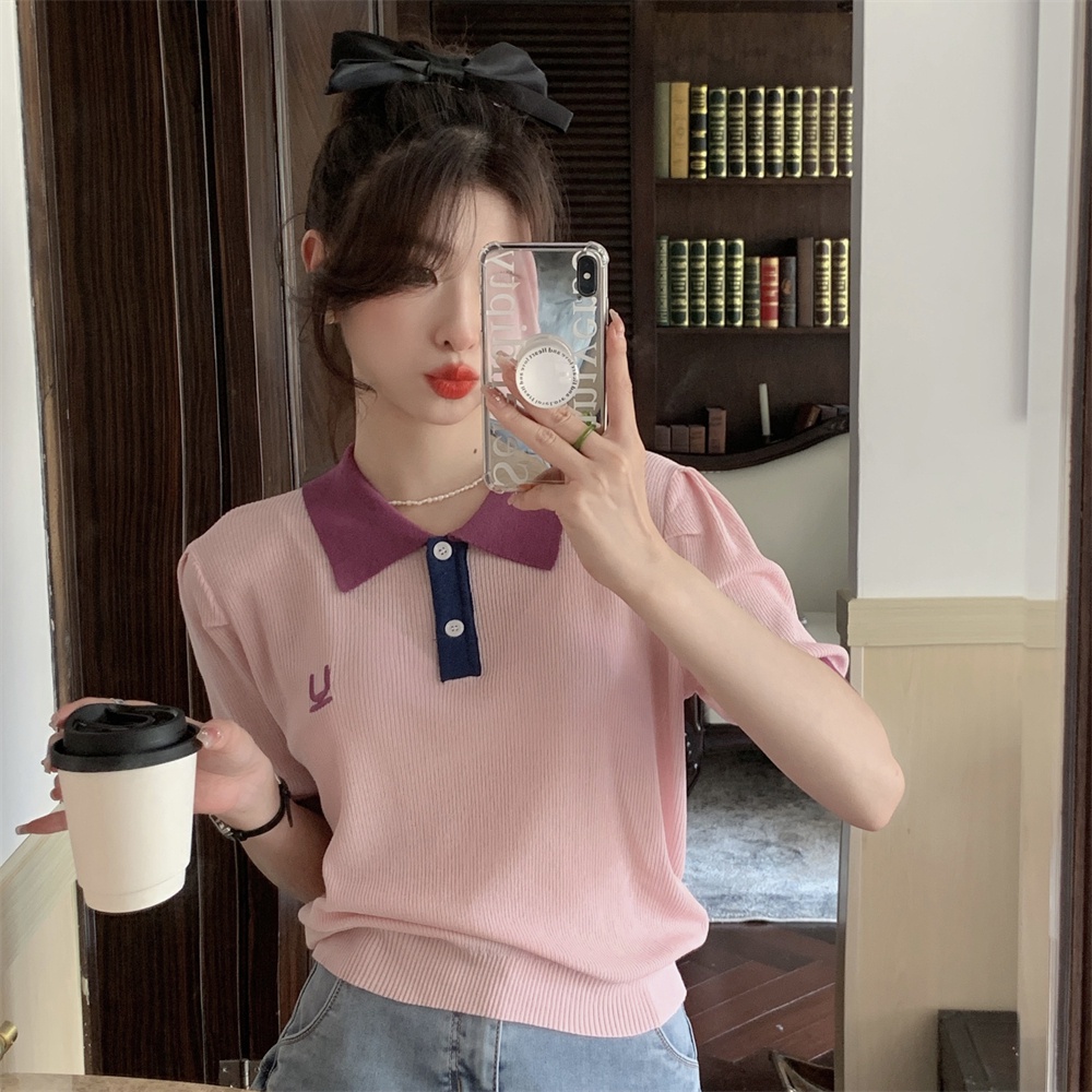 DUNEA Áo Sweater Dệt Kim Mỏng Tay Ngắn Dáng Rộng Cổ Polo Thêu Họa Tiết Màu Khối Quyến Rũ Cho Nữ