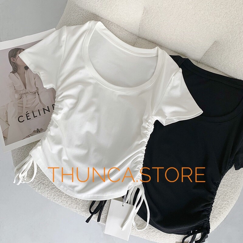 Áo Croptop Rút Dây Tay ngắn cá tính ôm sexy, áo cổ U dây rút A119