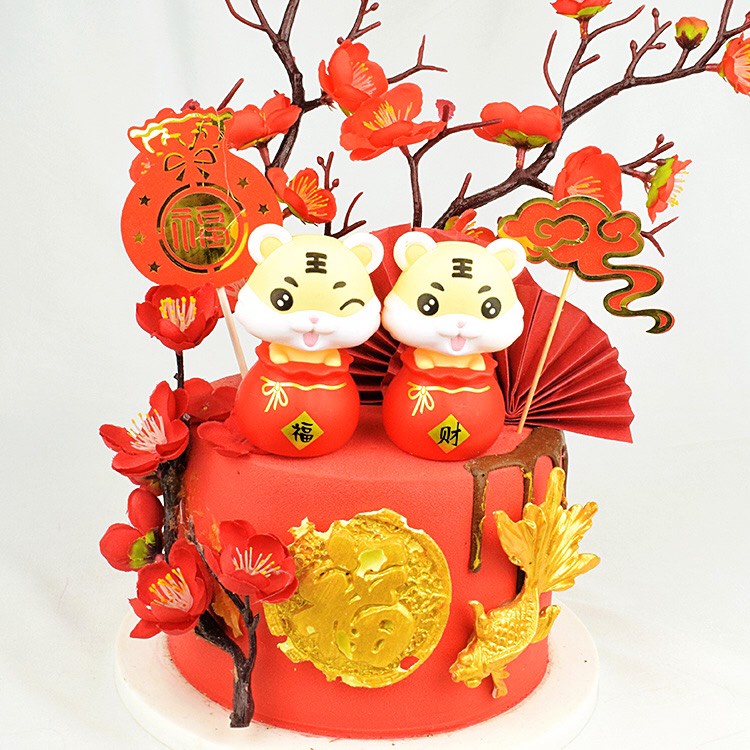 Trang Trí Bánh Sinh Nhật, Bánh Kem - Cặp đôi hổ và mẫu chúc mừng năm mới 2022
