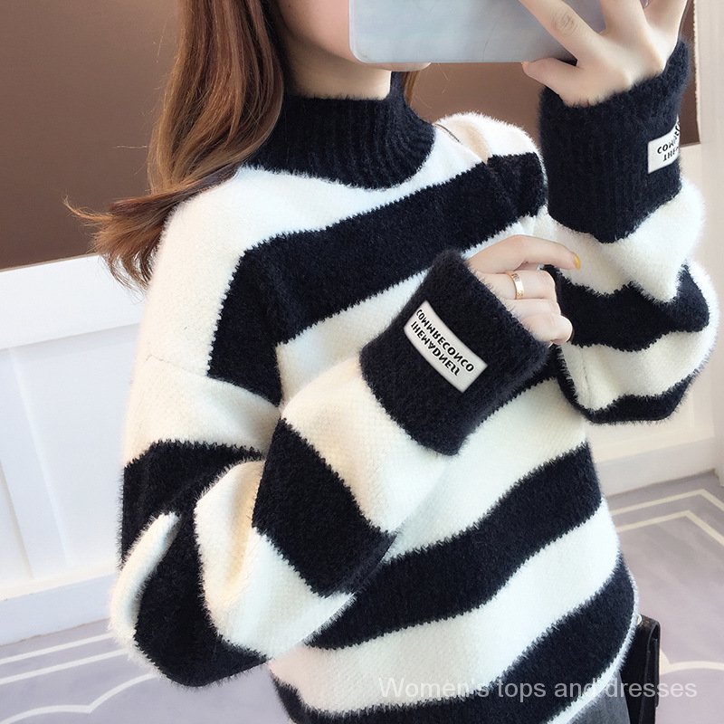 Áo Sweater Cổ Lọ Dày Dặn Họa Tiết Kẻ Sọc Thời Trang Cho Nữ LXJ9005 z4Hr