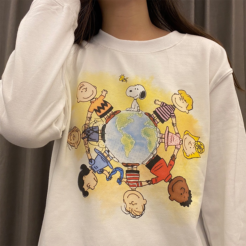 ZHELIHANGFEI Áo Nỉ Tay Dài Cổ Tròn Form Rộng Họa Tiết Hoạt Hình Dễ Phối Đồ