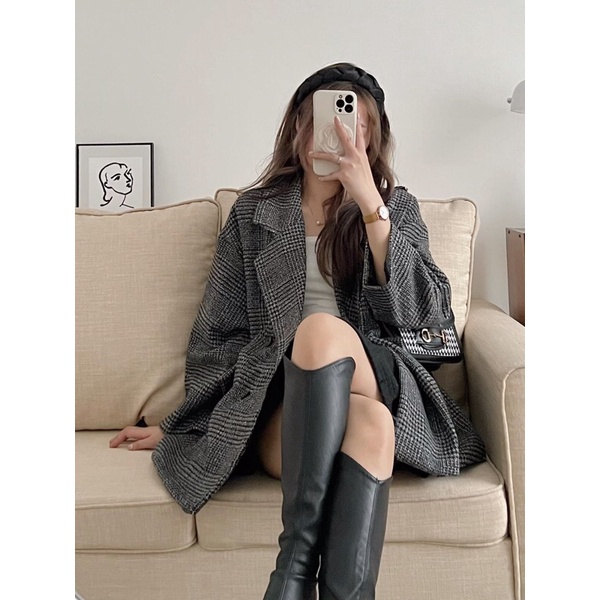 Áo khoác dạ kẻ ullzang dày dặn 2 lớp - Áo khoác dạ kẻ dáng lỡ phong cách Hàn Quốc