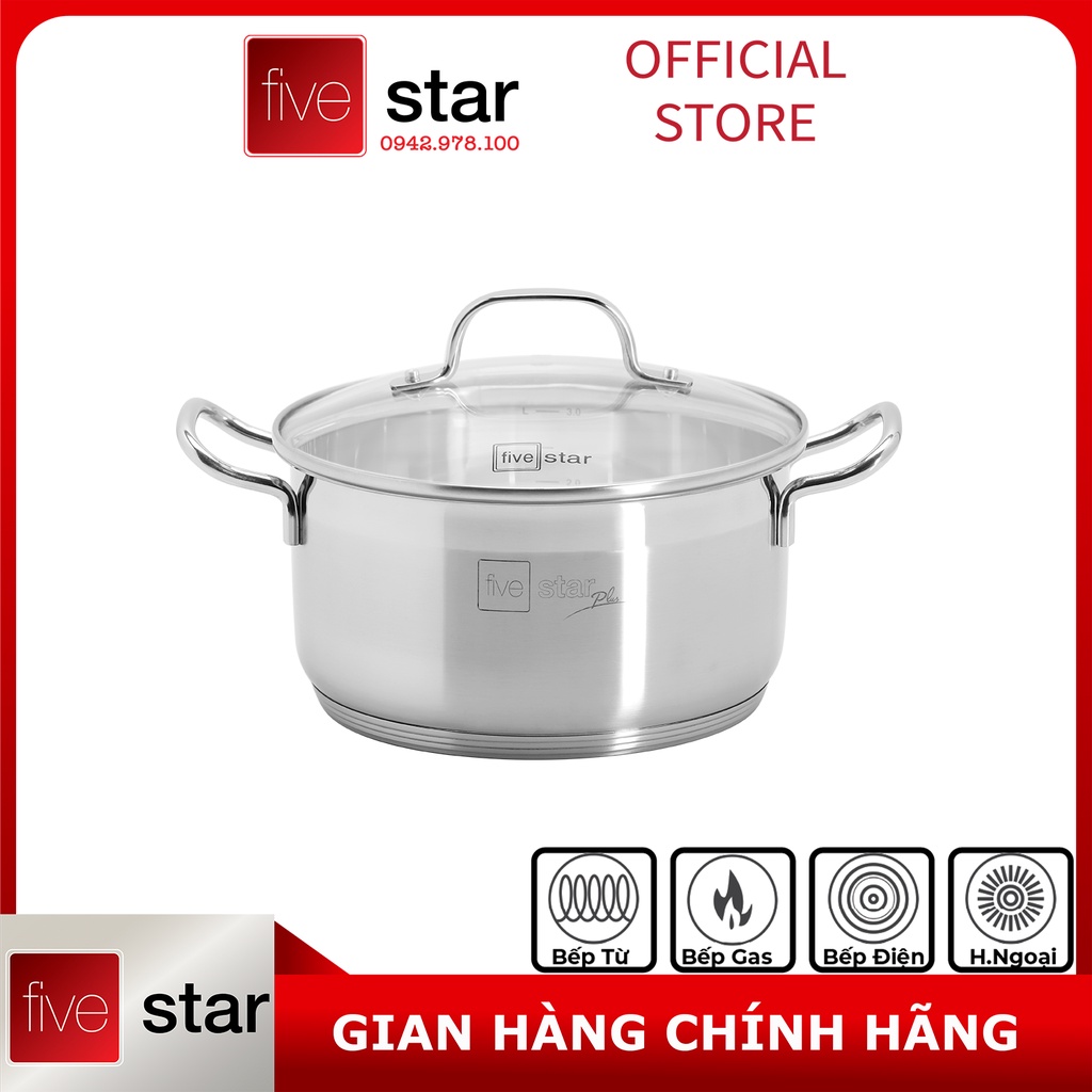 Bộ Nồi 5 Đáy Inox 304 Cao Cấp Bếp Từ Fivestar FPB55D001 Nắp Kính , tặng 10 muỗng ăn