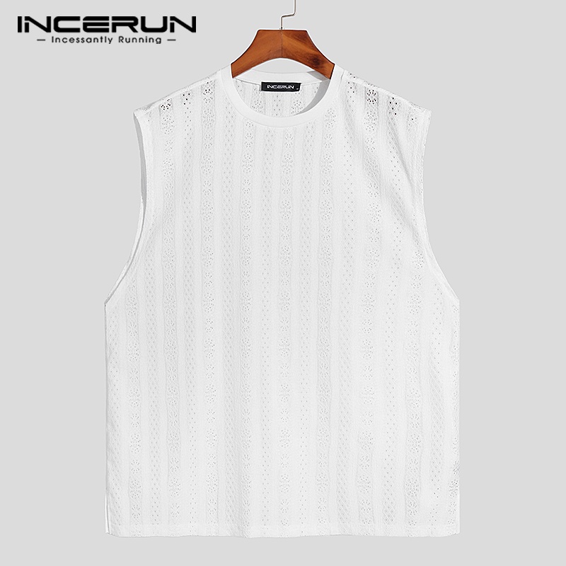 Áo tank top INCERUN sát nách dáng rộng phối ren xuyên thấu thời trang trẻ trung dành cho nam