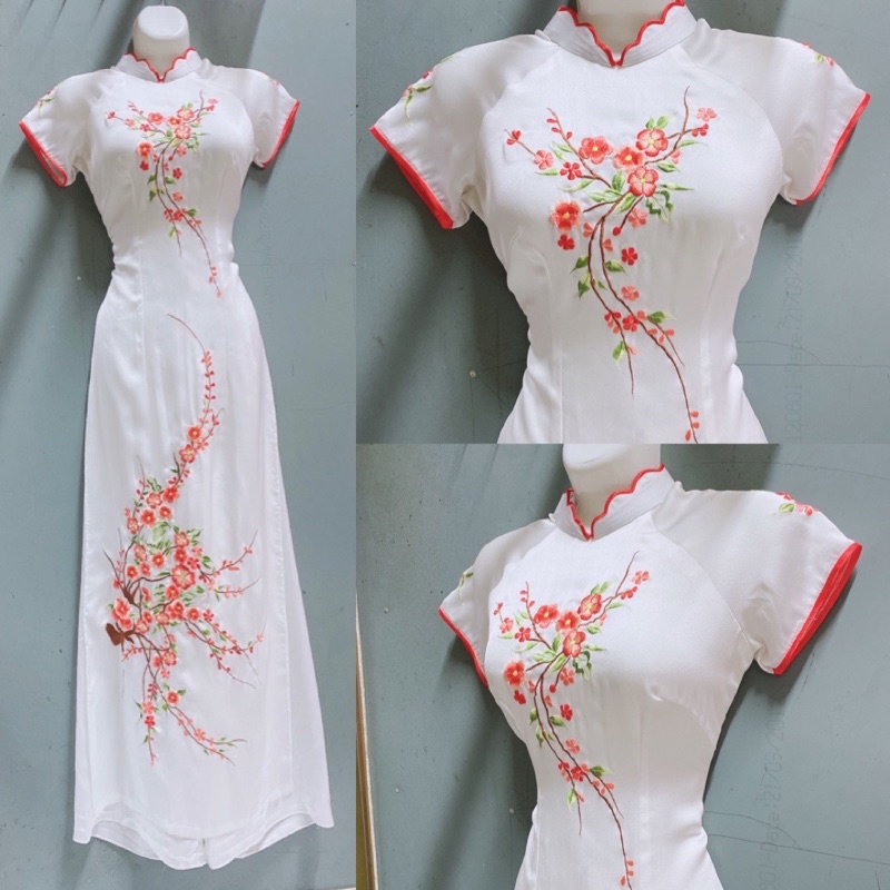 Áo dài trắng thêu hoa siêu xinh