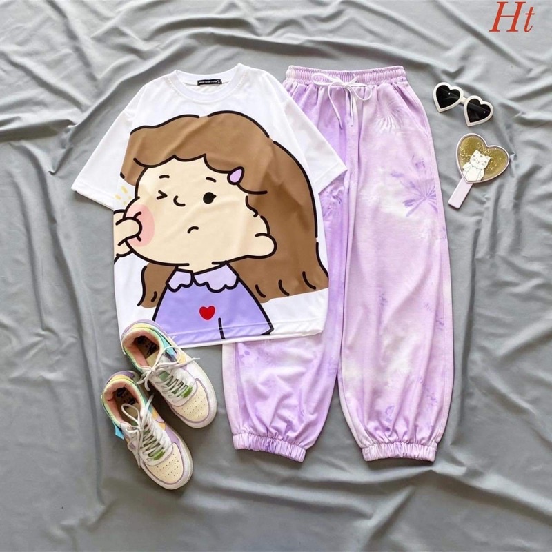 Sét áo loang cô gái véo má+quần loang tím HT12