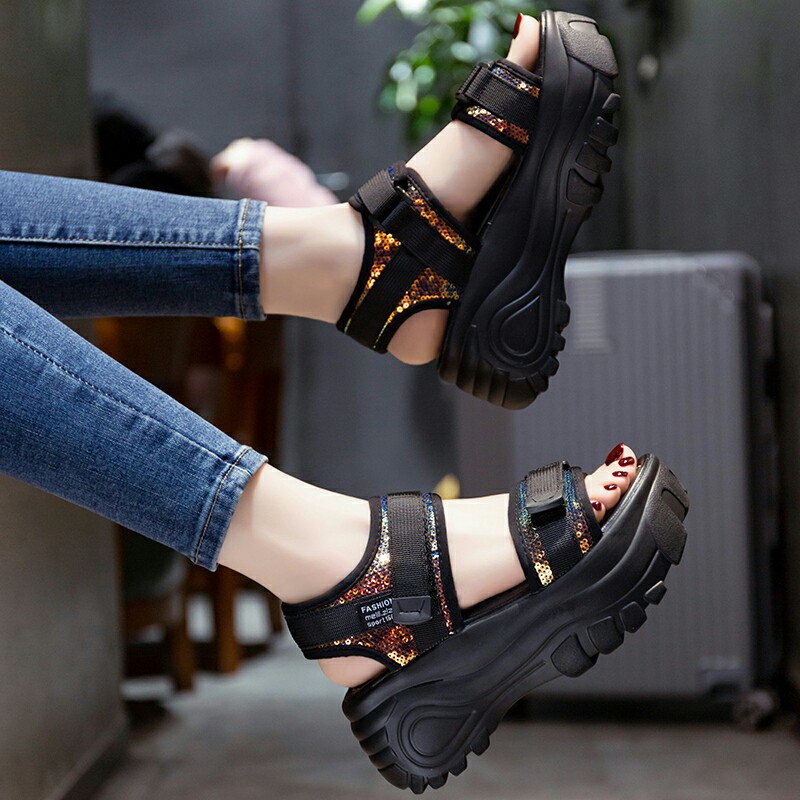 Giày sandal nữ  FREESHIP  Độn đế 5cm 2 quai phối viền BÓNG kim sa SIÊU độn đế hot trend