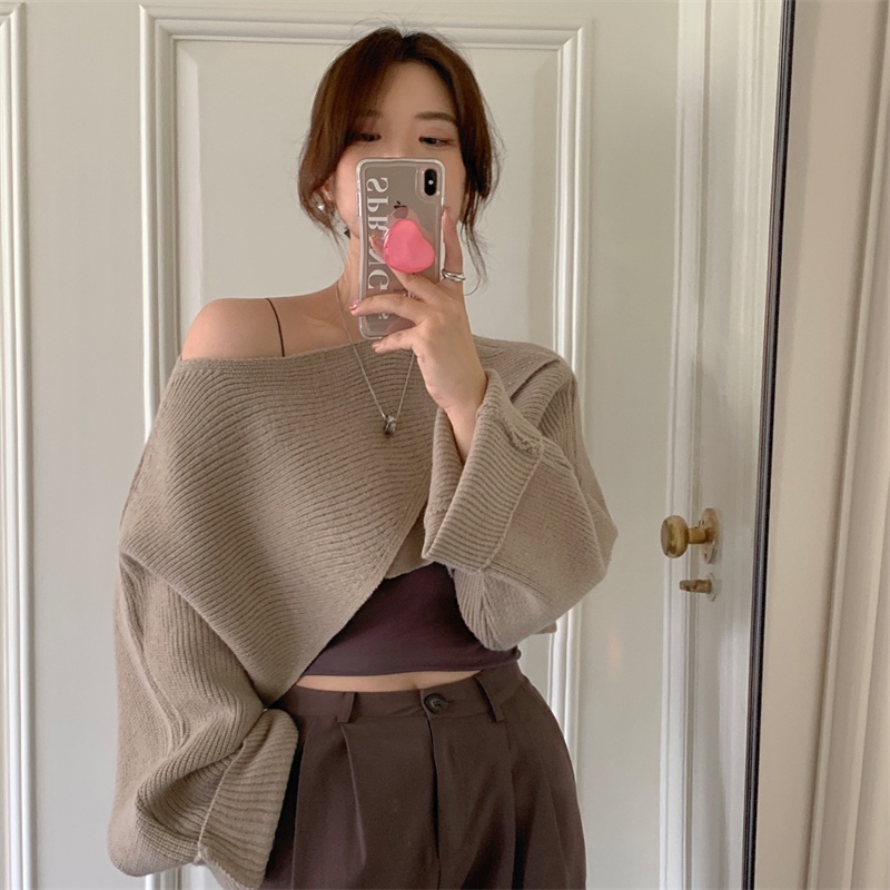 Áo sweater SUXI vải dệt kim tay dài hở vai màu sắc ngọt ngào phong cách Hàn Quốc cho nữ