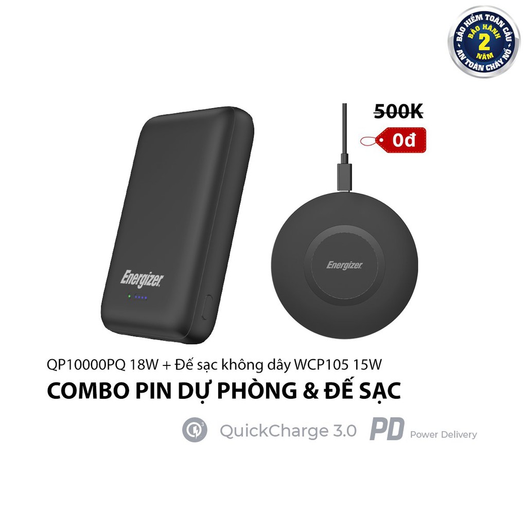 Combo sạc dự phòng không dây Energizer 10,000mAh QP10000PQ và đế sạc không dây WCP105 kèm cáp Micro USB