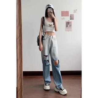 QUẦN JEAN ỐNG RỘNG NỮ LOANG MÀU XANH RÁCH VẠT SỌC PHẢI PHỐI VẠT TRÁI FORM DÀI RỘNG LAI