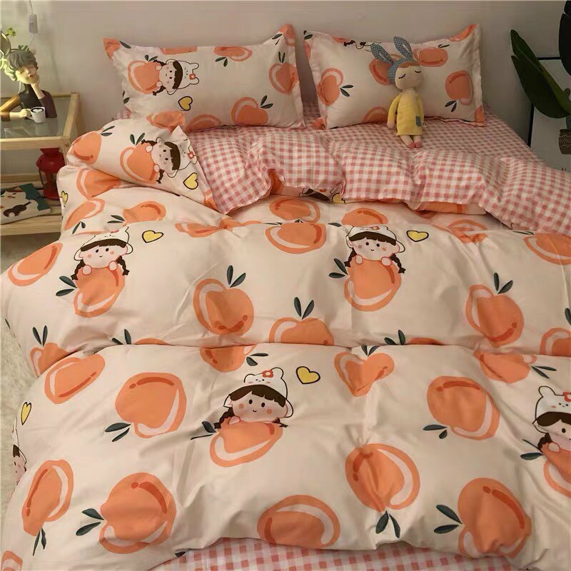 Bộ chăn ga gối drap giường chất cotton poly họa tiết táo cam kẻ
