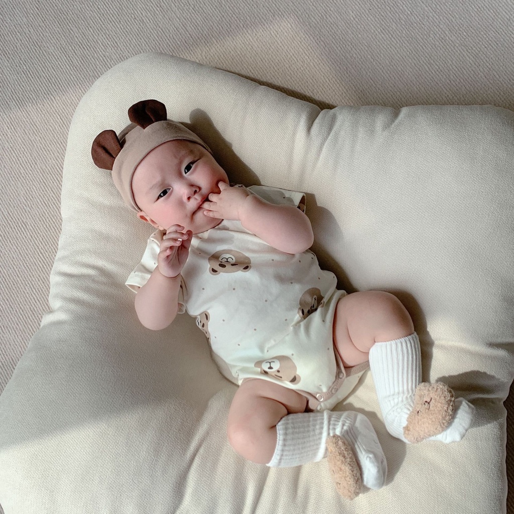 Bộ Áo Liền Quần Ngắn Tay In Hình Gấu Hoạt Hình Thời Trang Cho Trẻ Sơ Sinh Mới Biết Đi