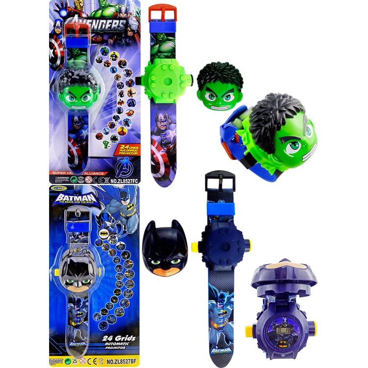 Đồng hồ chiếu 24 hình hoạt hình The Avengers Superhero SpiderMan Iron Man Hulk Trẻ em có đèn rọi biến hình