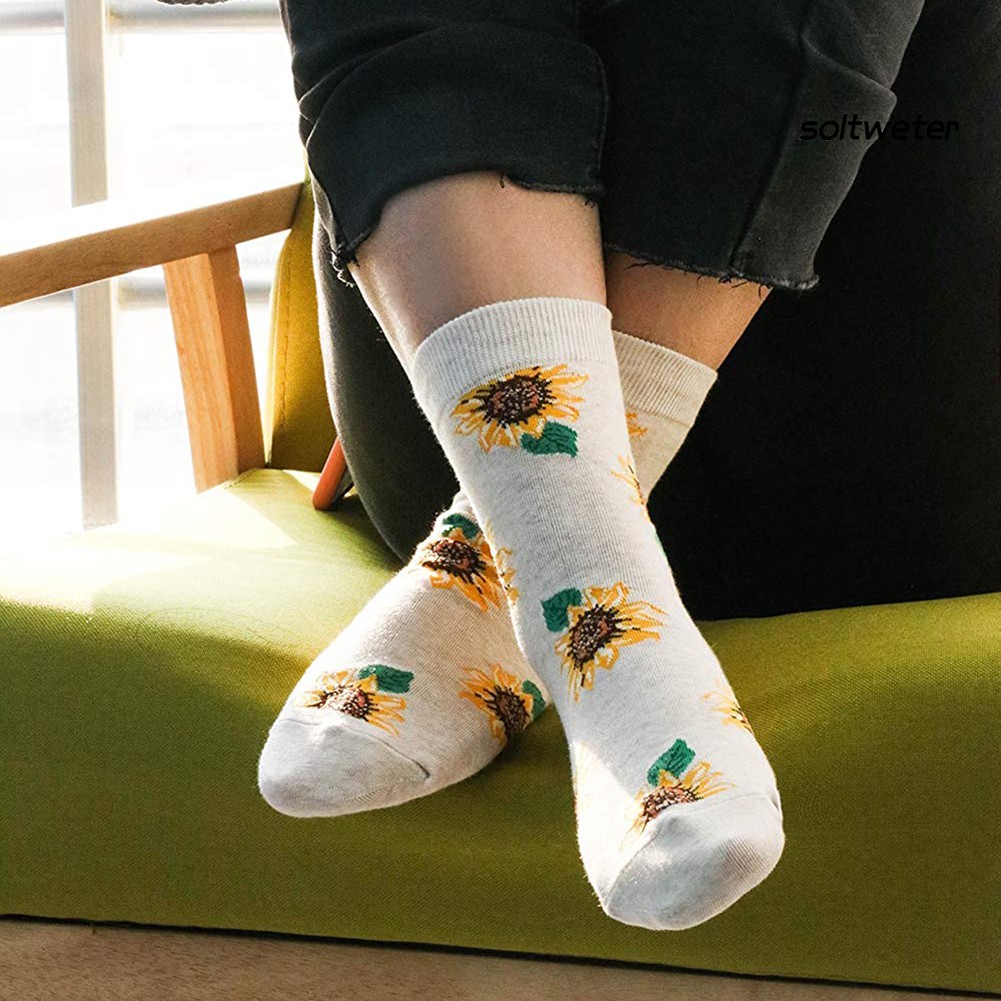 Vớ Cotton Cổ Cao Co Giãn Thoáng Khí Họa Tiết Hoa Hướng Dương Cho Nữ