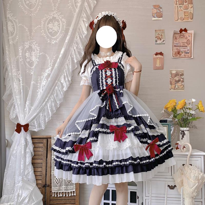 Đầm lolita Tay Ngắn Họa Tiết Hoa Hồng Thắt Nút Trái Tim Hàng Ngày Chính Hãng Có Sẵn