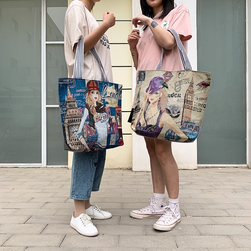 Túi Tote Vải Canvas To Nữ Xách Tay Có Khóa Kéo Họa Tiết Hoạt Hình Công Sở Đi Học Làm Chơi Đựng Máy Tính