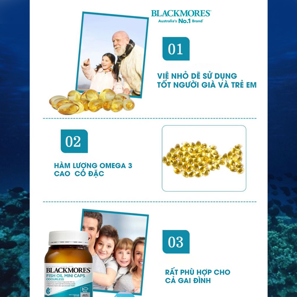 [Chính hãng Úc] Dầu cá khử mùi Minicaps Odourless Fish Oil  Blackmores 400 viên, bổ sung omega 3 tốt cho tim, não, mắt