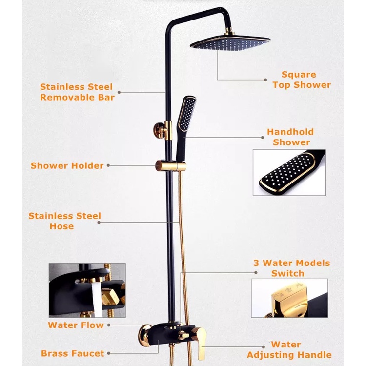 Bộ  sen cây tắm đứng nóng lạnh bằng đồng sơn tĩnh điện màu Đen Vàng cao cấp