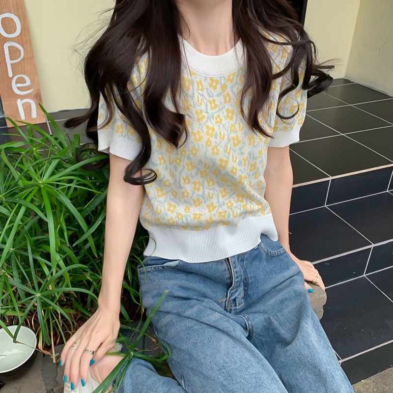 Áo thun ZHELIHANGFEI dệt kim ngắn tay in hoa xinh xắn thời trang