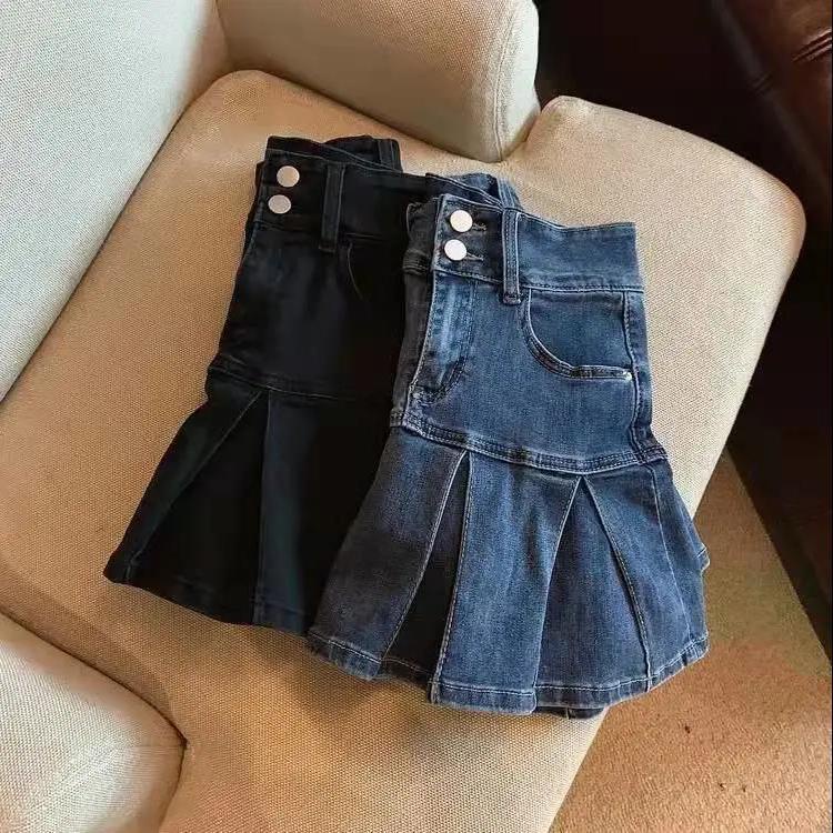 Chân váy denim xếp ly chữ A lưng cao chống lộ hàng phong cách Hàn Quốc thời trang mùa hè cho nữ