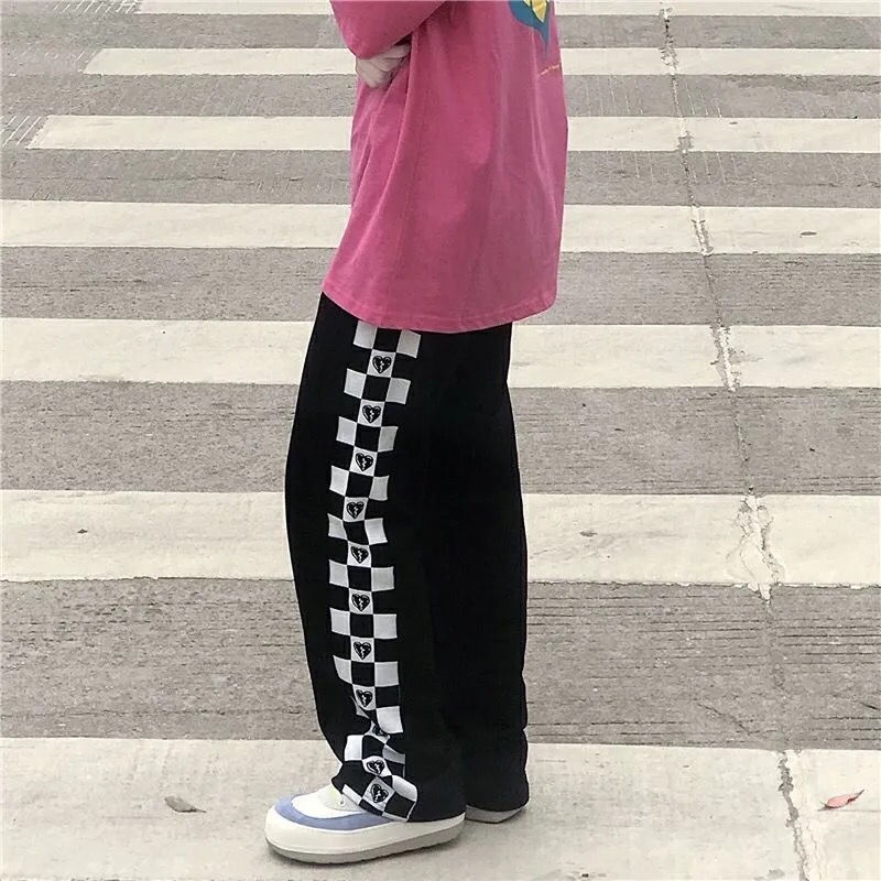 COZOK Quần thể thao ống rộng họa tiết bàn cờ