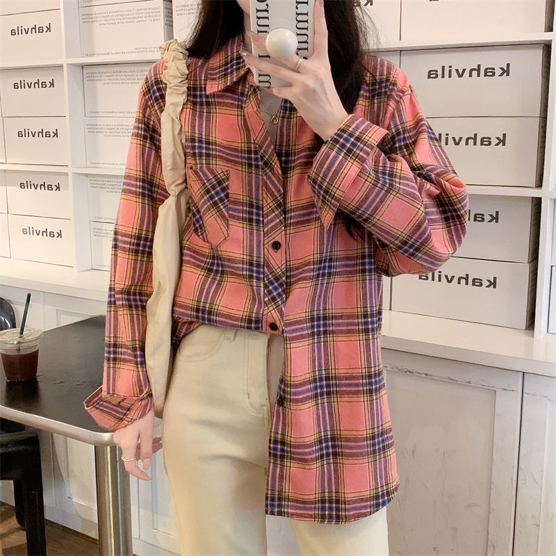 Áo Sơ Mi Caro Tay Dài Dáng Rộng Phong Cách retro Hàn Quốc Cho Nữ