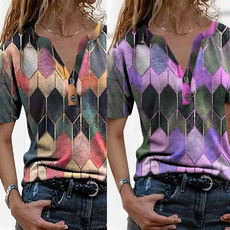 Áo Thun Ngắn Tay Cổ Chữ V Cắt Nút Họa Tiết Hình Thoi Nhiều Màu Sắc Thời Trang Mùa Hè Cho Nữ