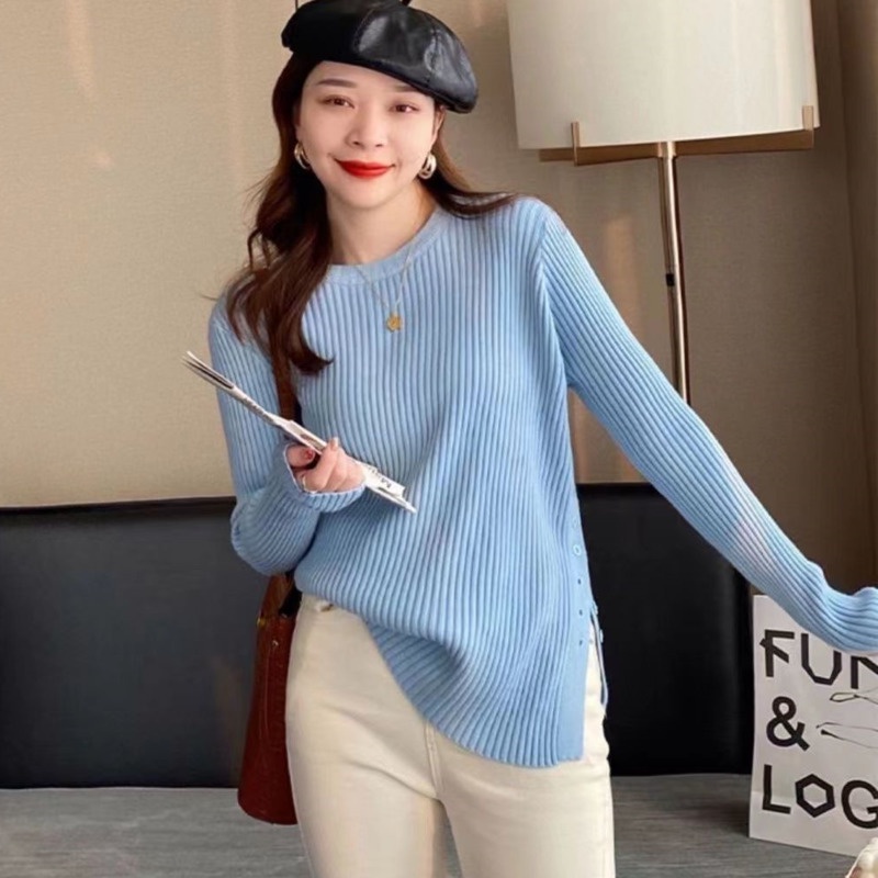 Áo Len Tay Dài Màu Trơn Xẻ Tà Đơn Giản Thời Trang Mùa Thu