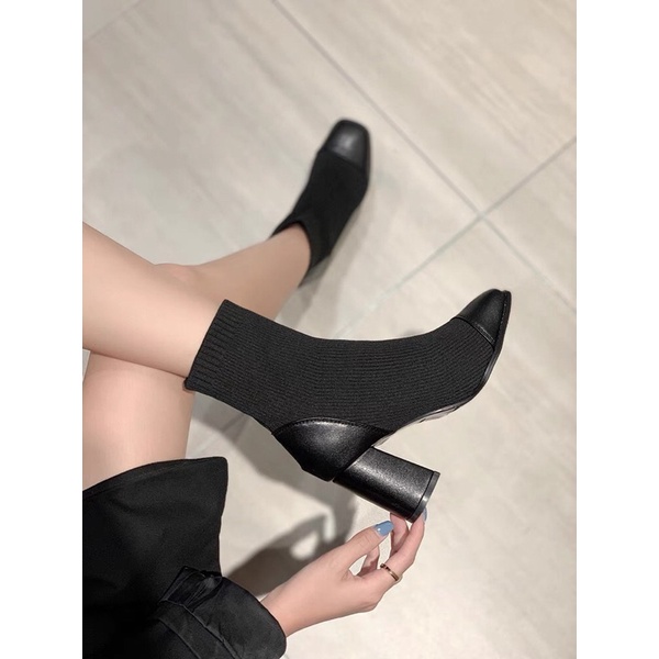Boots len ulzzang cổ ngắn gót vuông cao 8cm không khoá | BigBuy360 - bigbuy360.vn