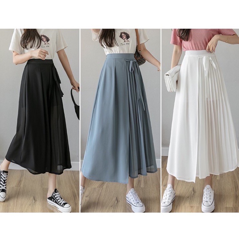 Quần voan chiffon ống rộng giả váy đấp tà cột nơ có bigsize