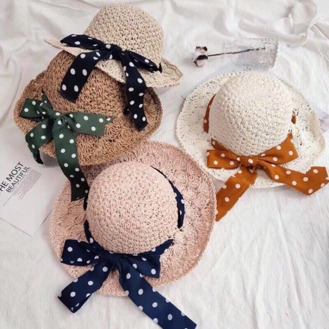 Mũ cói rộng vành dây nơ chấm bi đi biển, mũ cói đan móc mềm mát cho nữ từ 14 tuổi trở lên