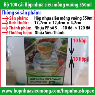 Set 100 cái hộp + nắp hộp microwave vuông 550ml đựng Thực Phẩm / Thức Ăn / Kim Chi / Chân Gà