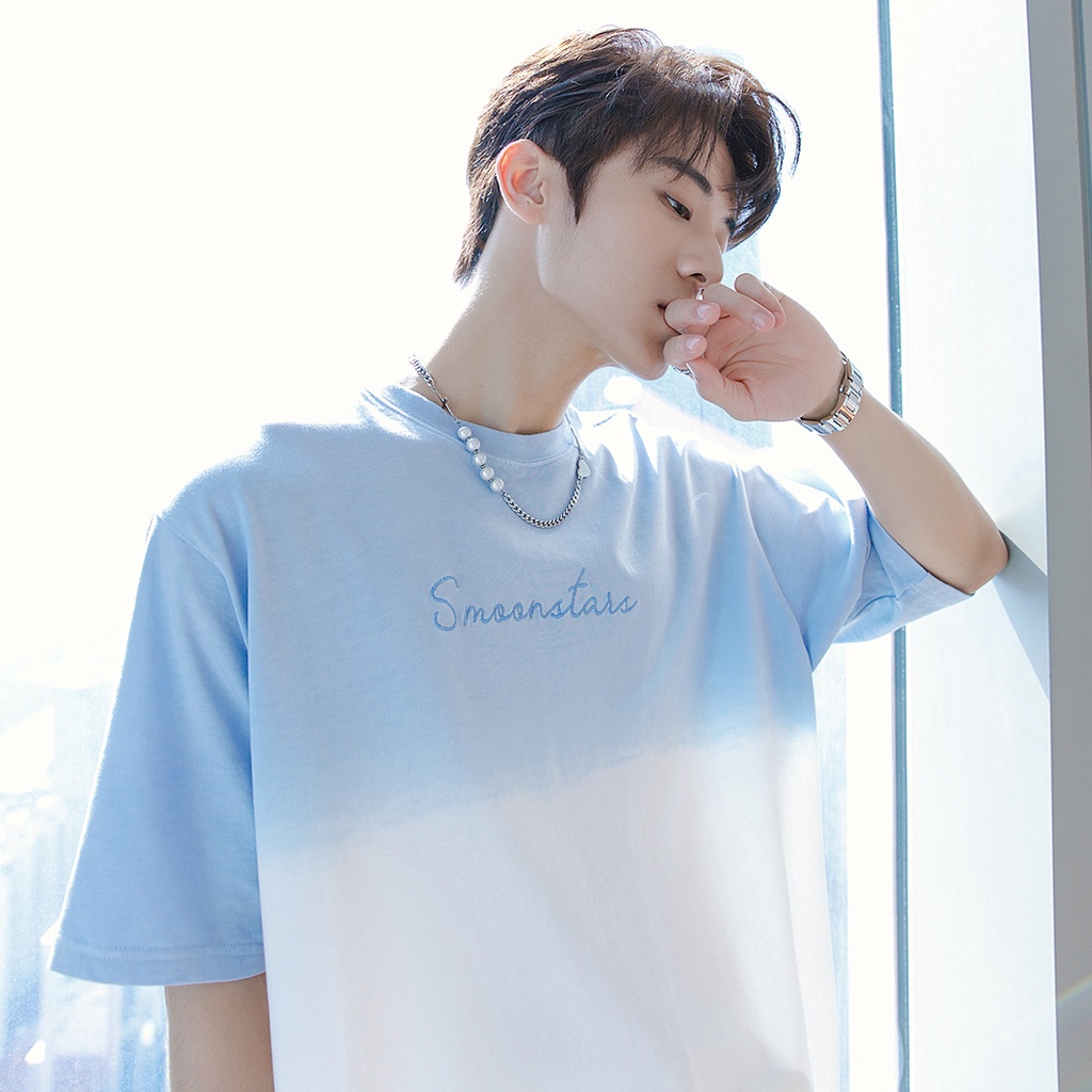 Áo Thun Ngắn Tay Thêu Chữ Màu Xanh Bơ Gradient Thời Trang Cho Nam Nữ