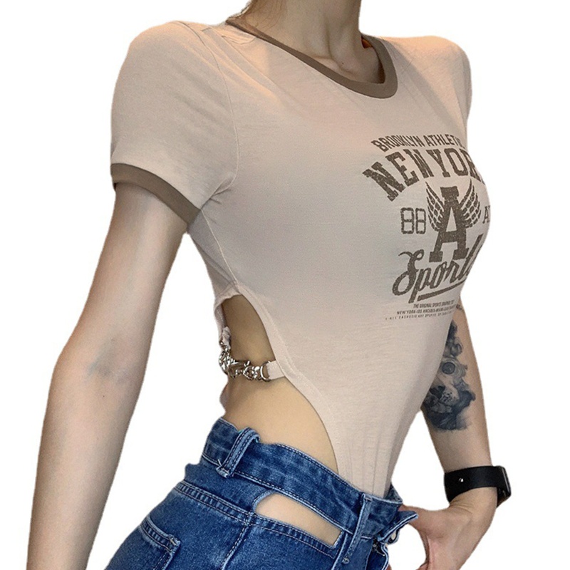 Brroa Bộ Áo Liền Quần Tay Ngắn Ôm Dáng In Chữ Leotard Bên Hông Khoét Lỗ Phối Dây Xích Kim Loại Kiểu Vintage