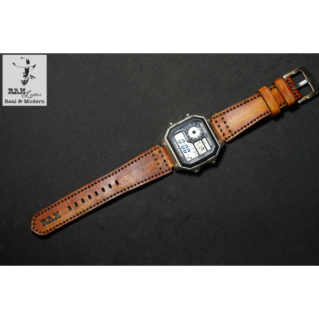 Dây Casio AE 1200 da bò vegtan Italia RAM Leathermàu mahogany - tặng khóa chốt và cây thay dây