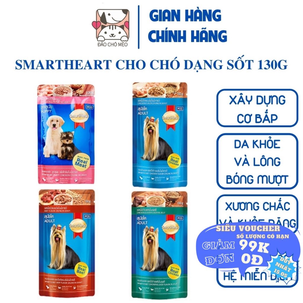 Thức ăn cho chó Smartheart dạng ướt xốt vị Gà Bò Gan 130g 4 vị - Đảo Chó Mèo