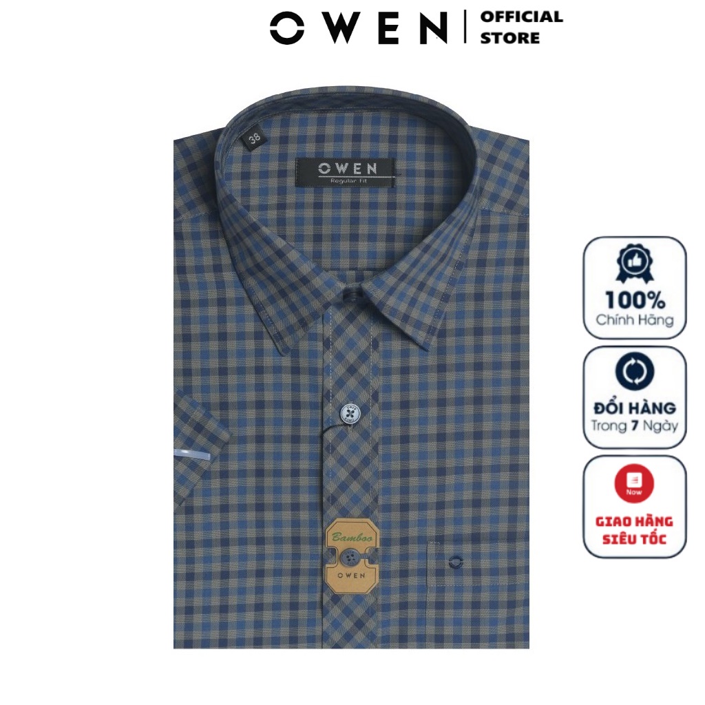 Áo Sơ Mi Nam Ngắn Tay OWEN AR220049NT Somi Công Sở Cao Cấp Màu Caro Navy Xám Xanh Vải Sợi Tre Dáng Suông Tà Lượn Có Túi