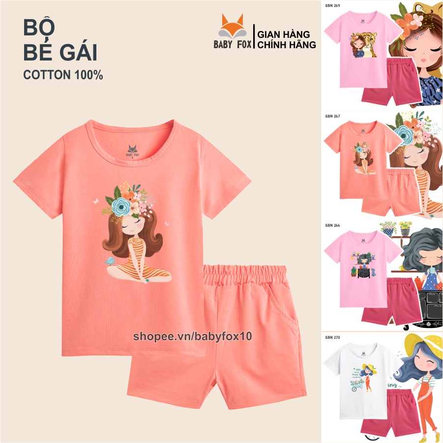 Bộ thun bé gái size nhỏ, trung, đại 100% cotton loại tốt, thương hiệu BABY FOX, in hình bé gái a