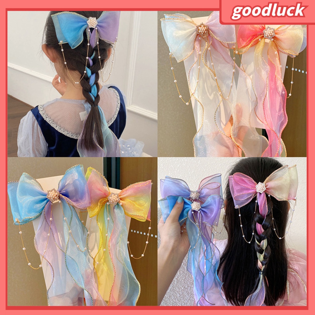 Kẹp Tóc Hình Nơ Đính Ngọc Trai Giả Màu Gradient Thời Trang Halloween