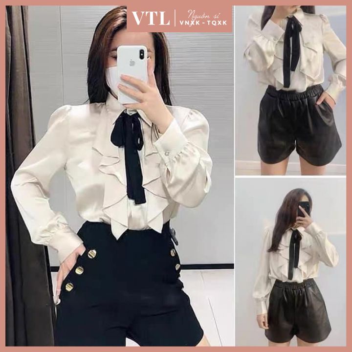 Áo sơ mi satin cổ nơ màu be