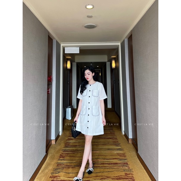 Váy tweed cúc bọc viền túi C'est la vie