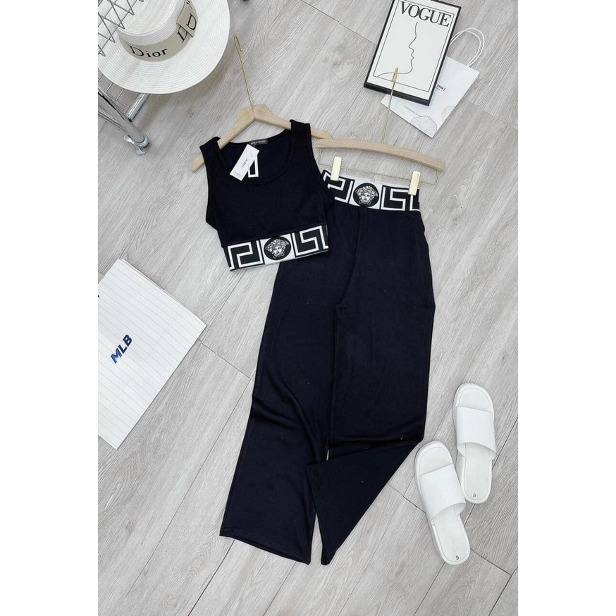[8.8 Sales Freeship] Set bộ thun đen áo ba lỗ croptop phối màu, quần dài ống suông, set bộ thun gân phối họa tiết
