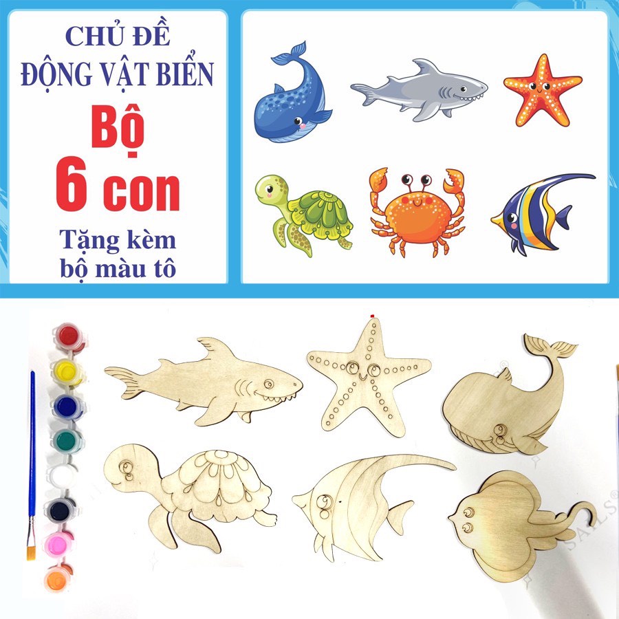 Đồ chơi giáo dục tập tô màu hình gỗ an toàn cho bé gồm 6-12 chi tiết hoạt hình nhiều chủ đề + Bộ màu vẽ 3023