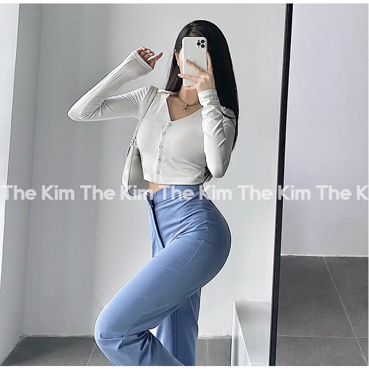 Áo thun tăm kiểu sơ mi dài tay cổ đức cài cúc dáng croptop , sơmi cổ V dáng ngắn ôm body The Kim AD131