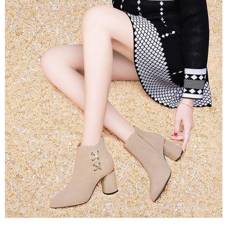 Giày bốt nữ cổ thấp giày boots nữ chất da lộn gót cao 7cm - Xem ảnh thật ở cuối | BigBuy360 - bigbuy360.vn