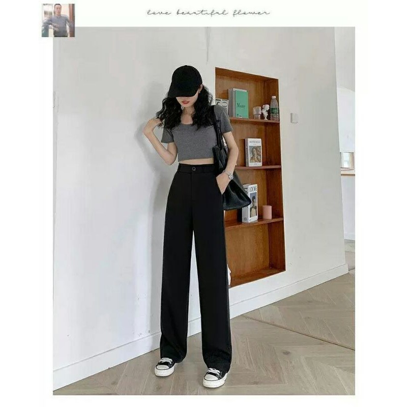 Quần ống suông đen nữ lưng cao Chất vải tuyết mưa mền Dáng chuẩn Quần vải ống rộng đứng kiểu mặc đi học - công sở ở nhà | BigBuy360 - bigbuy360.vn