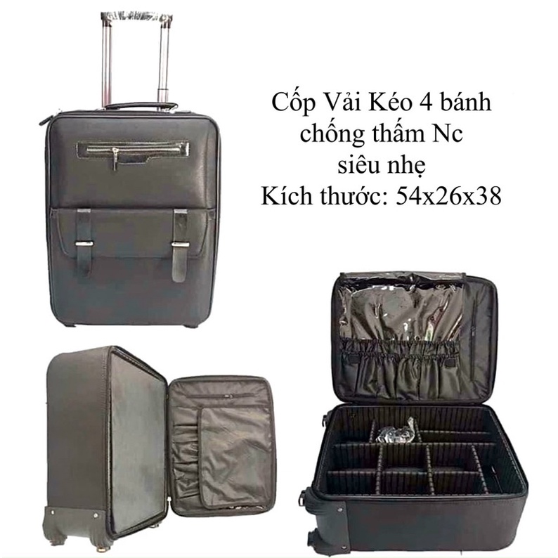 Cốp trang điểm chuyên nghiệp dạng kéo 4 bánh xe chất liệu da pha vải cứng cáp chắc chắn phom đẹp