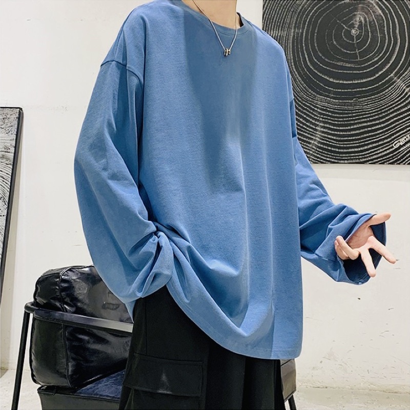 ÁO THUN TAY DÀI TRƠN COTTON MÀU XANH DƯƠNG UNISEX NAM NỮ (kèm ảnh thật)